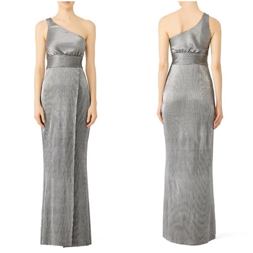 &LIKELY Chandler Gown 4 One Shoulder Black Silver Metallic FLAW RTR Formal Dress